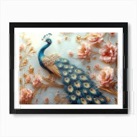 3d Art Peacock Illustration Background With Golden Jewelry And Flowers Art Print