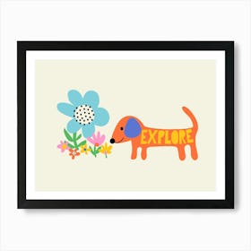 Playful Meadow Explore Dachshund Dog and Wild Flowers Illustration Kids Póster