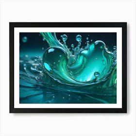 A Close Up View Of A Dynamic Teal Water Splash, With Droplets Suspended In Motion And Reflections Dancing On The Surface Art Print