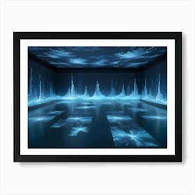 A Minimalist Image Of A Dark Room With Large Screens Displaying A Digital Landscape Of Blue Lines And Patterns Art Print