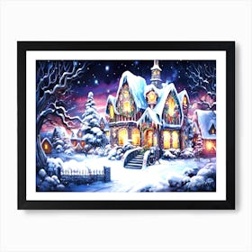 Pink Sunset Christmas - Christmas House At Nightfall Art Print