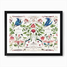 Abstract Blue Birds With Flower Decoration -Color Illustration On White Background Art Print