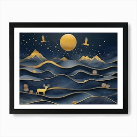 3d Blue and Golden Wave Mountains, Golden Deer and Birds Art Print