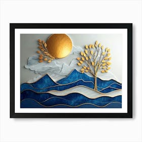 3d Modern Art With Dark Blue And Golden Wave Background 1 Art Print