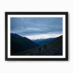 Two People Hiking In The Mountains Art Print