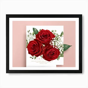 Bouquet Of Deep Red Roses Intertwined With Delicate Babys Breath And Lush Greenery Set Against A (1) 2 Art Print