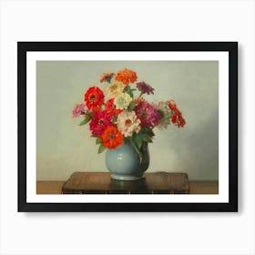 Flowers In A Blue Vase, Zinnias, Floral Still Life Vintage Art Art Print