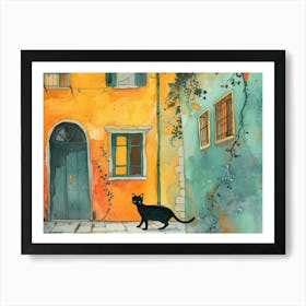 Black Cat In Caserta, Italy, Street Art Watercolour Painting 2 Art Print
