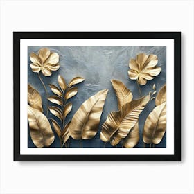 Gold Floral Plants And Palm Leaves 3d Illustration, Grey Background, Abstract Tropical Leaves, Banana Leaves 1 Affiche