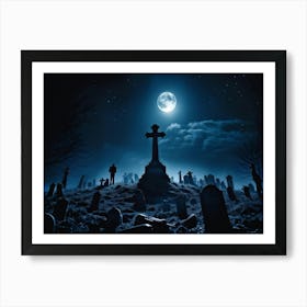 A Haunting View Of A Tomb Silhouetted Against The Night Sky A Gravestone With The Cross Engraved W Art Print