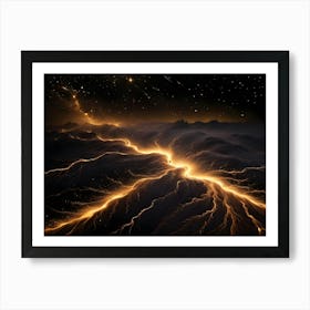 A Volcanic Eruption Illuminates A Dark, Mountainous Landscape With Flowing Lava And Sparks Beneath A Starry Sky Art Print