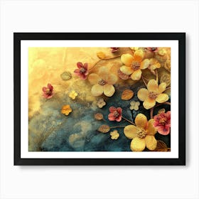 Golden Floral Background, Abstract Vintage Flower Design, Artwork Art, Gold Nature, Floral Design Art Print