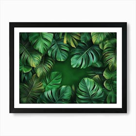 Vibrant Green Background With A 3d Of Dense Tropical Foliage, Lush Leaves In Intricate Art Print