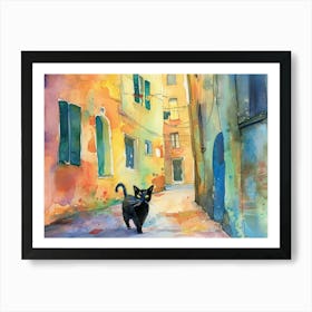 Black Cat In Livorno, Italy, Street Art Watercolour Painting 3 Art Print