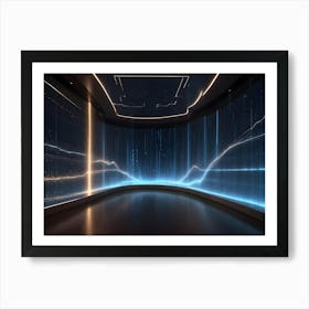 A Modern, Futuristic Room With A Curved Wall Displaying A Digital Visualization Of Financial Data, With Lines And Points Representing Trends And Fluctuations Art Print