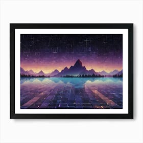 3d Digital Art Of A Landscape With Mountains, A Lake, And A Sky With A Sunset Art Print