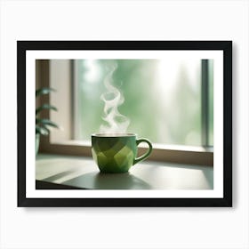 A Green Geometric Mug With Steam Rising From It, Sitting On A Window Sill With A Blurred View Of A Green Background Art Print