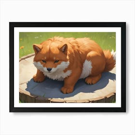 A Cute, Cartoonish Fox With Fluffy Orange Fur And White Markings Sitting On A Tree Stump In A Grassy Field Art Print