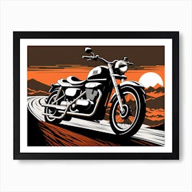 Motorcycle At Sunset, vintage bike, classic bike, vector art, Art Print