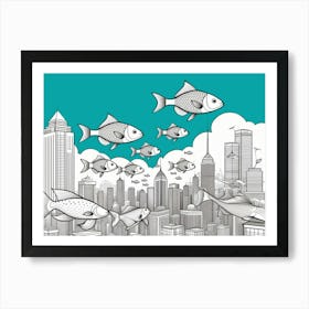 Fish City High Rise Swimming Clouds Surreal Absurd Art Black And White Line Art Aqua Art Print