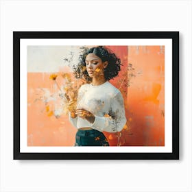 Woman on Orange Background with Flowers Art Print