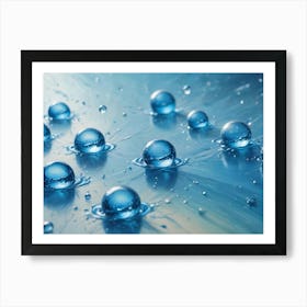 Close Up Photograph Of Water Droplets On A Blue Surface Art Print