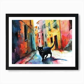 Black Cat In Salerno, Italy, Street Art Watercolour Painting 2 Art Print