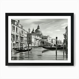 Gondolas on the Gran Canal in Venice, Italy. AI generated in black and white. 1 Art Print