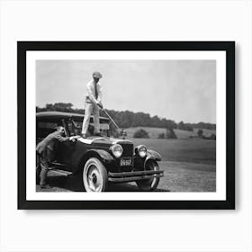 Man Playing Golf From Top of Car, Vintage Black and White Old Photo Art Print