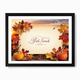 Autumn Themed Thank You Card Ornate Calligraphy Sweeping Across The Centre Leaves In Reds Golds (1) Art Print