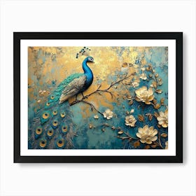 Exquisite Vintage Inspired Artistic Abstract, Floral Peacocks and Gold Accents Art Print