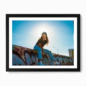 Stylish Girl Wearing A Cap Yellow Sunglasses Perched On The Edge Of Her Nose Leaning Against A Gra Art Print