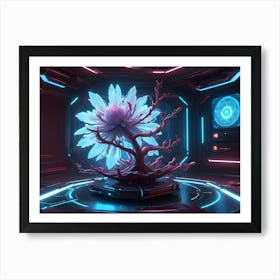 A Surreal Scene With A Crystalline, White Flower Growing On A Tree Branch In A Futuristic, Neon Lit Room Art Print