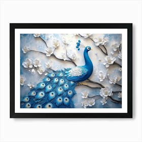 3d Background Blue Peacock on Branch with Flowers Poster