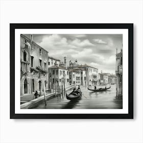 Gondolas on the Gran Canal in Venice, Italy. AI generated in black and white. 3 Art Print