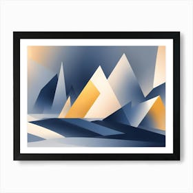 Abstract, Geometric Landscape With Stylized Mountains In Shades Of Blue, Gray, And Yellow Against A Sunlit Backdrop Art Print