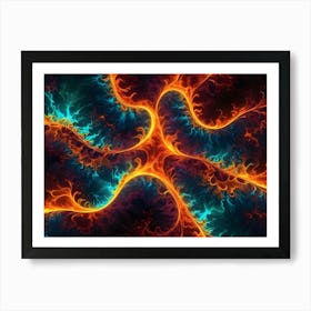 Abstract Fractal Art With Swirling, Flowing Patterns In Shades Of Blue And Orange Against A Dark Background, Resembling Flames Or A Cosmic Nebula 1 Art Print