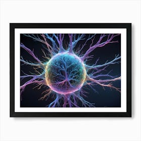 A Vibrant And Colorful 3d Illustration Of A Neuron, A Nerve Cell In The Brain, With Glowing Dendrites And A Central Cell Body Art Print