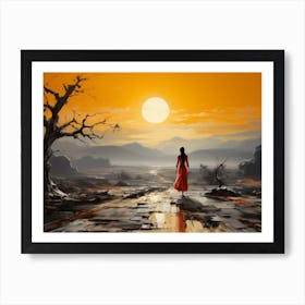 Woman Walking On Road At Sunset Art Print