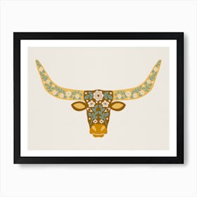 Floral Longhorn   Yellow And Blue Art Print