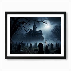 Frightened Souls Hovering Over A Mist Enshrouded Graveyard Full Moon Piercing Through Ominous Cloud (1) Art Print