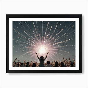 An Image Of A Crowd Of People Silhouetted Against A Night Sky With A Large Display Of Fireworks Art Print