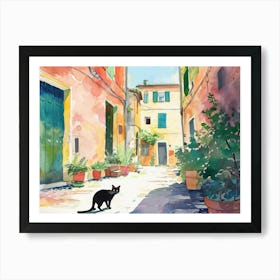 Black Cat In Rimini, Italy, Street Art Watercolour Painting 1 Art Print