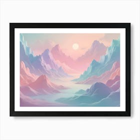 A Whimsical And Dreamy Landscape Of Pastel Colored Mountains And A River, With A Sun Setting In The Distance Art Print