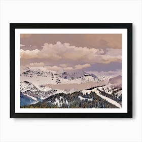 Snowy Mountain Landscape Alta Badia Italian Alps. The image depicts a picturesque mountain landscape with snow-capped peaks and a dense forest in the foreground. The sky is filled with fluffy white clouds, casting a soft, ethereal glow over the scene. The mountains are covered in a blanket of pristine white snow, with hints of rocky outcroppings peeking through. The forest below is a mix of evergreen trees, their branches laden with snow. Art Print