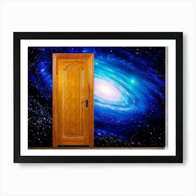 Wooden Door Ajar Revealing The Swirling Arms Of A Vast Spiral Galaxy Intricate Patterns Of Yellow (1) Art Print