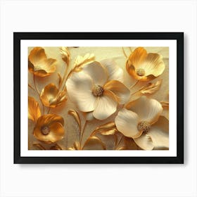 Golden Floral 3d Art, Gold Flowers Luxurious 3d Design Art Print