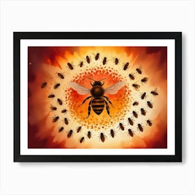 Watercolor Painting Of Honey Bee Surrounded By Other Bees, Honeycomb Background Art Print