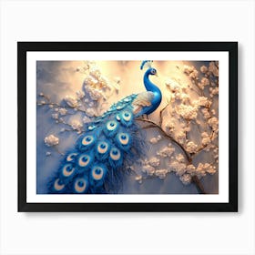 3d Background Blue Peacock On Branch 2 Art Print