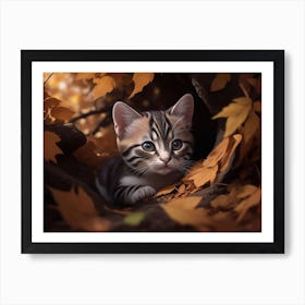 A Kitten Hiding Among Fallen Leaves Art Print